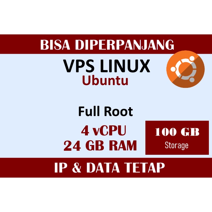 VPS Linux Ubuntu 4vCPU - 24GB RAM - 100GB Storage - FULL ROOT - BISA DIPERPANJANG