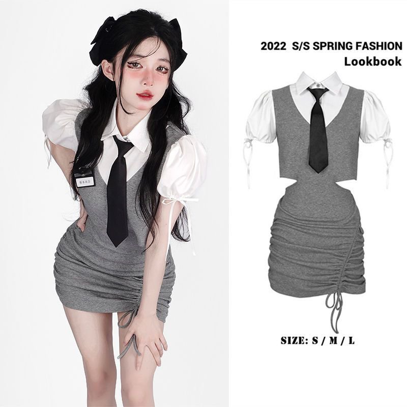 [✅BISA COD] #Sisjuly# Gaun penyambungan kemeja wanita palsu dua potong berongga lengan gelembung tan