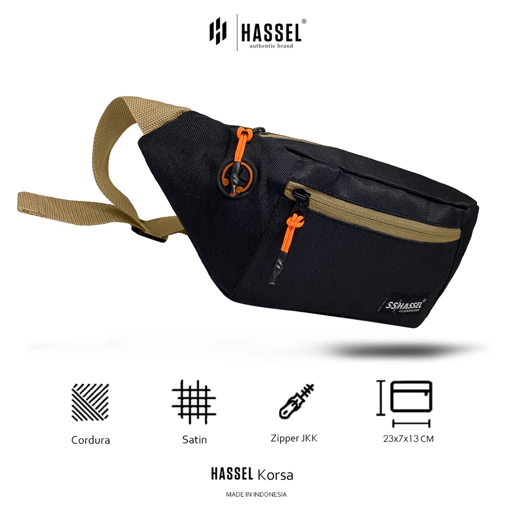 Tas Pinggang Pria Hassel Korsa / Tas Waist Bag Pria - wanita / Tas Selempang / Tas Waistbag - Hitam