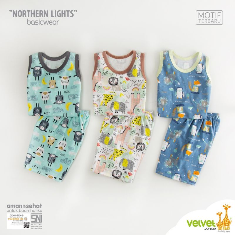 3 Set - Velvet Junior KUTUNG COURAGE Terbaru | Setelan Anak Singlet Buntung Celana Basic Wear Piyama Radiant Southern Charm | Sguna Northern Lights Brilliant Blue