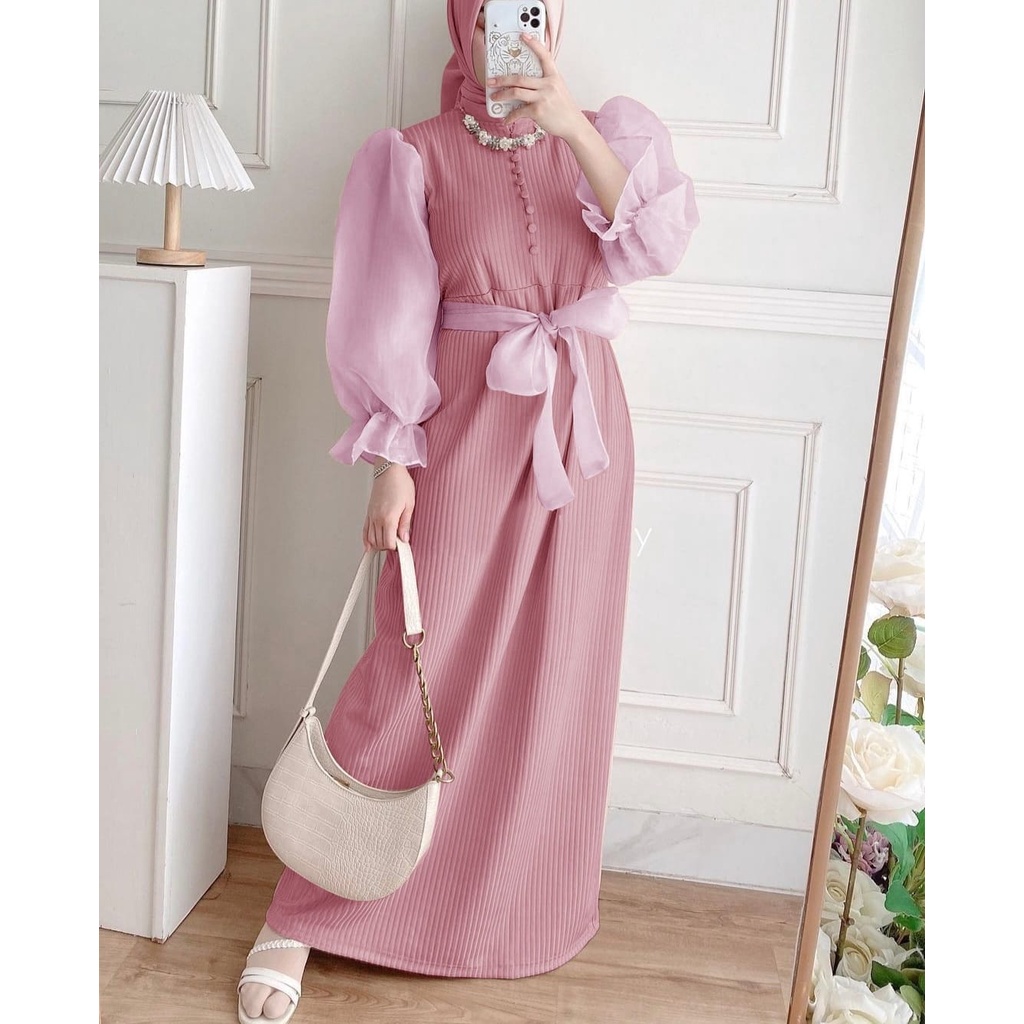DRESS VIENITA FASHION PAKAIAN WANITA GAMIS MAXY MAXI EDHM BAHAN KNIT MANHO KOMBI ORGANZA