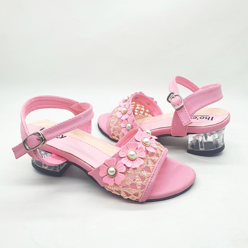35 Flower Sandal Heels Anak Perempuan Hak Kaca Hologram Usia 6-13 Tahun Carlina