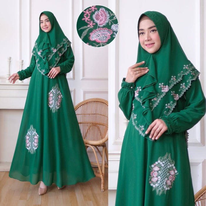 Gamis Lebaran setelan gamis wanita dewasa baju syari set hijab muslim jumbo nadia - Hijau Terbaru Bi