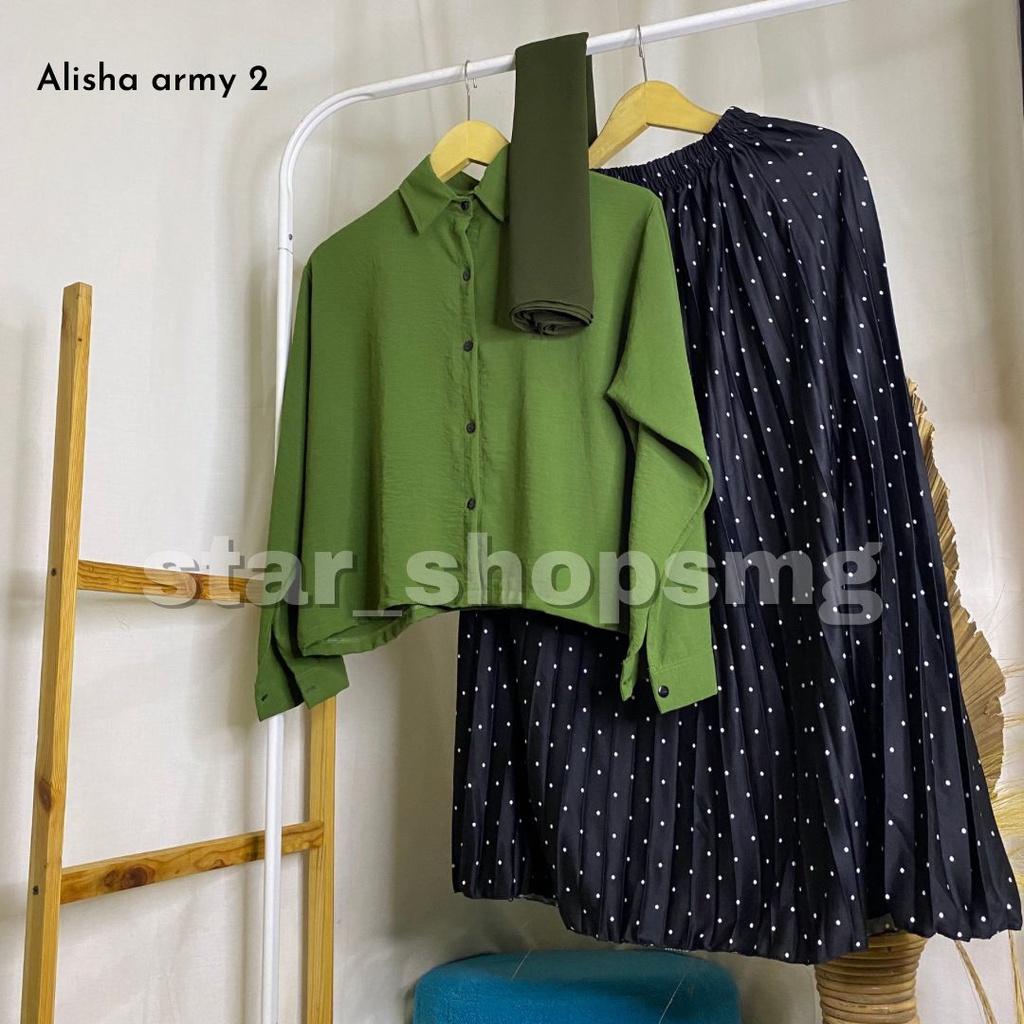 (3  in1) ONE SET ALISHA (pashmina ceruti+kemeja crinkle+rok polka)