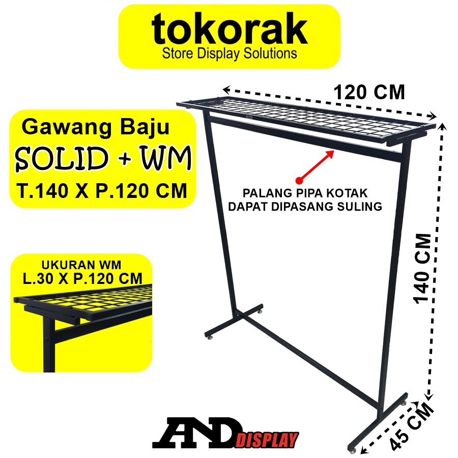 GAWANG BAJU SOLID + WM T.140 CM RAK BESI GANTUNGAN PIPA KOTAK SULING RAM 120 CM