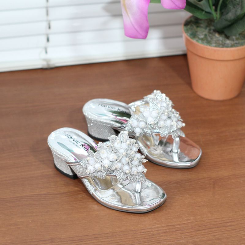 sandal hak tinggi anak perempuan jepit motif mute