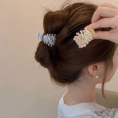 PREMIUM Jepit Rambut Logam Ponytail 4.8cm Aksen Permata Mutiara