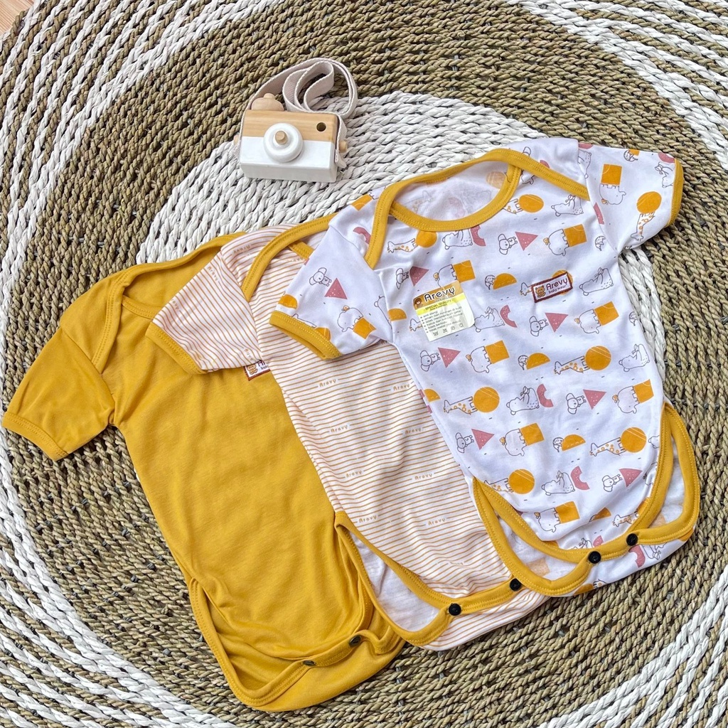 Bodysuit / Jumper Pendek / Baju Kodok Bayi Segitiga Arevy Babywear 3 Pcs Seri Mustard 0-6 Bulan Katun Best Seller Baby Newborn