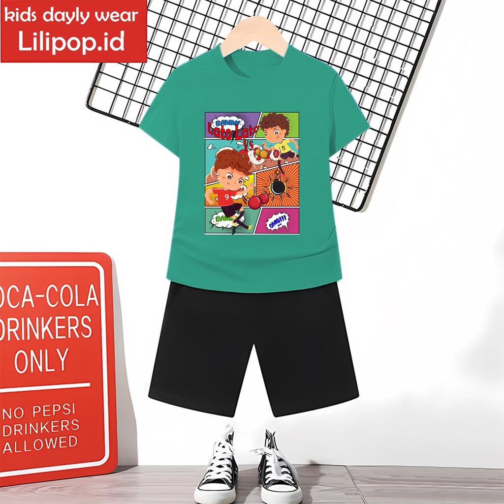 Baju Anak Stelan Kaos 3/4 Hero Lato Latto Cowok Cewek  Usia 1 - 4 Tahun Celana Pendek Harian