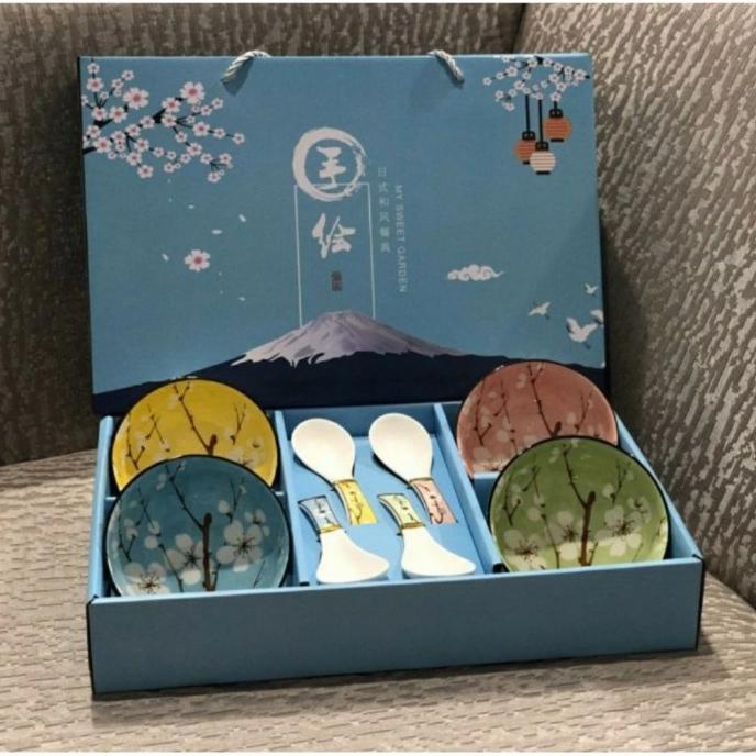 Gift Set Mangkok Keramik Motif Sakura Isi 4 Hampers Lebaran