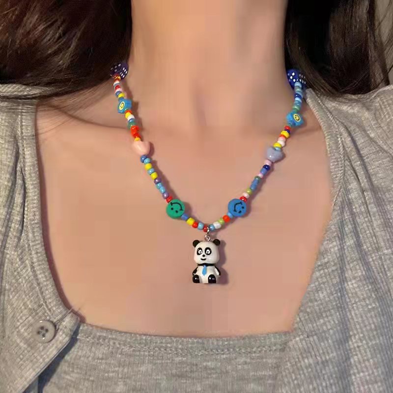 Kalung Liontin Panda Lucu Warna-Warni Smiley Face Love Beads Rantai Klavikula