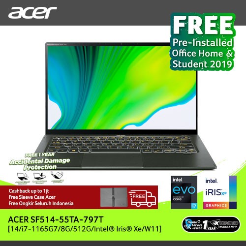 (CLEARANCE SALE MINOR DEFECT) ACER SWIFT 5 SF514-55TA-797T ANTIMICROBIAL ULTRATHIN NOTEBOOK [14"FHD TOUCH/INTEL I7-1165G7/16GB/SSD 512GB/GREEN]NX.A6SSN.003