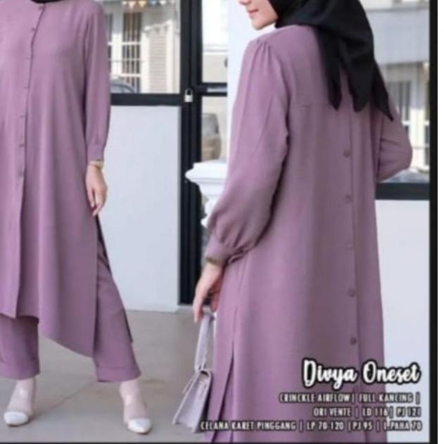 ♩ Stelan Long Tunik Divya Cringkle Kemeja Kancing Depan Belakang/One Set Divya Cringkle Airflow Komb