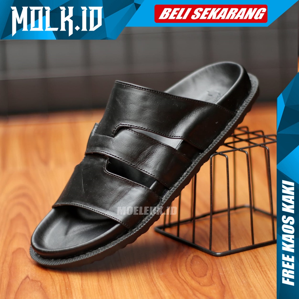 MOLK Sandal Casual Pria Kulit Asli Dewasa Original Hitam Black