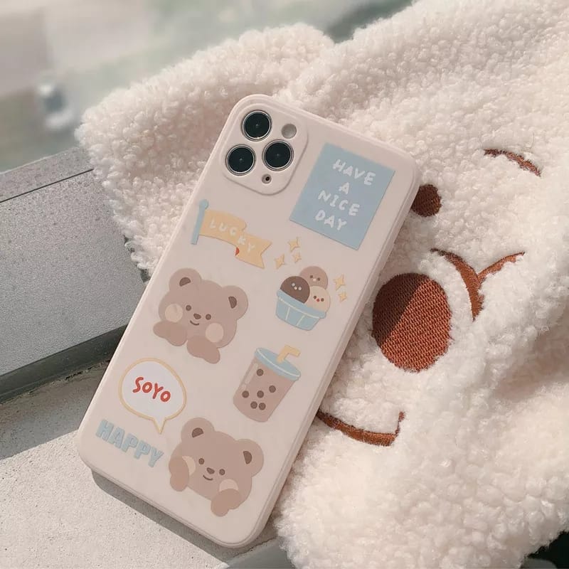 [V39] Case Bear Iphone 6 7 8 11 13 X XS XR Plus Pro Max Softcase Cute Silikon Cream