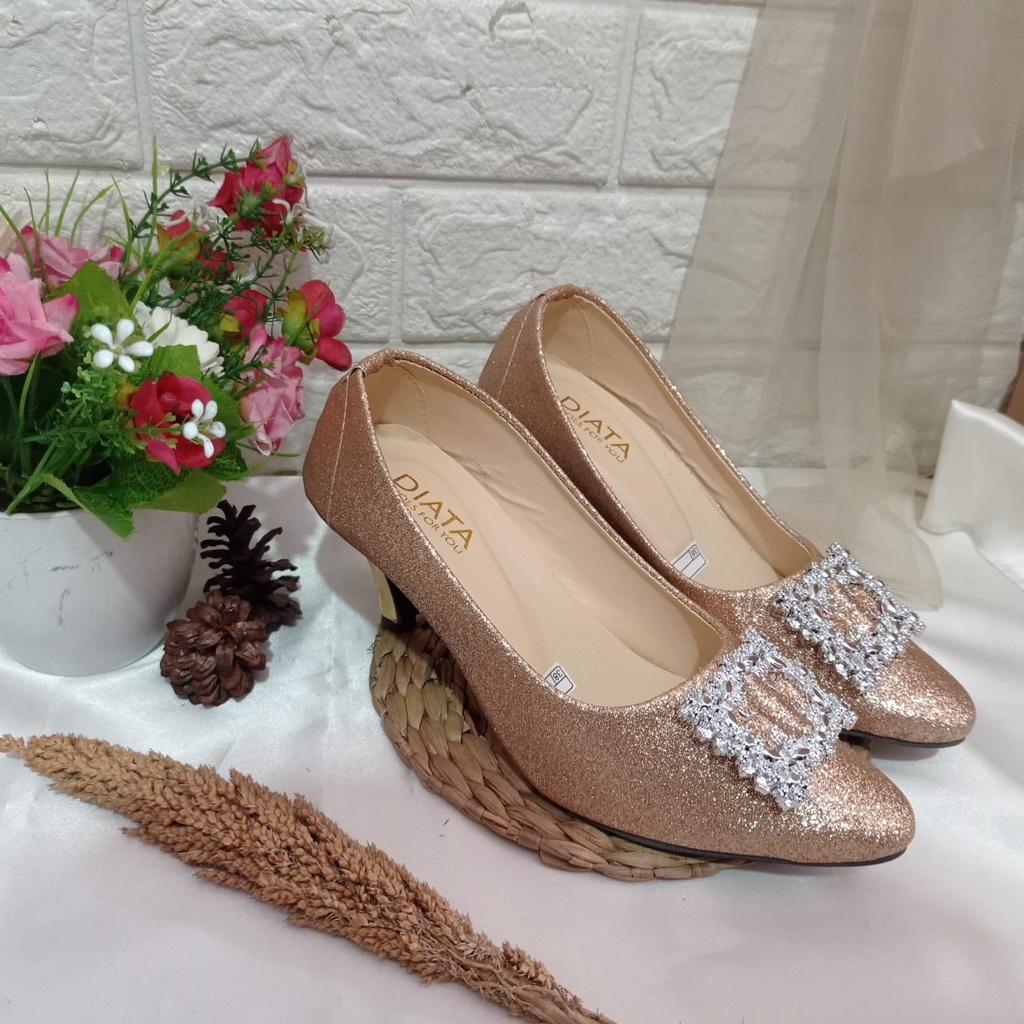 Sandal heels Wanita Gliter Variasi Flower Kotak Berkilau