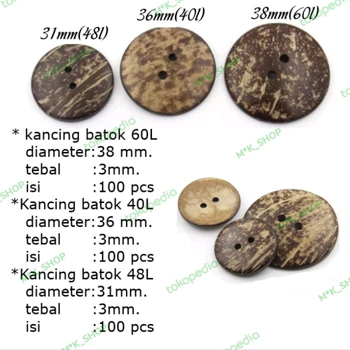 Terlaris Kancing Kancing Motif Batok Kelapa/Kancing Batok(Harga Per Bungkus)