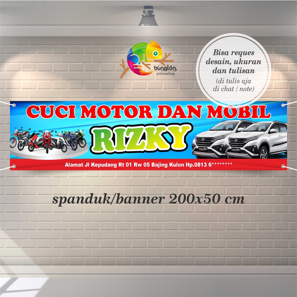 Spanduk Banner 200x50Cm Cucian Motor, Cuci Mobil, Free Desain, Spanduk Cuci Motor Mobil Murah