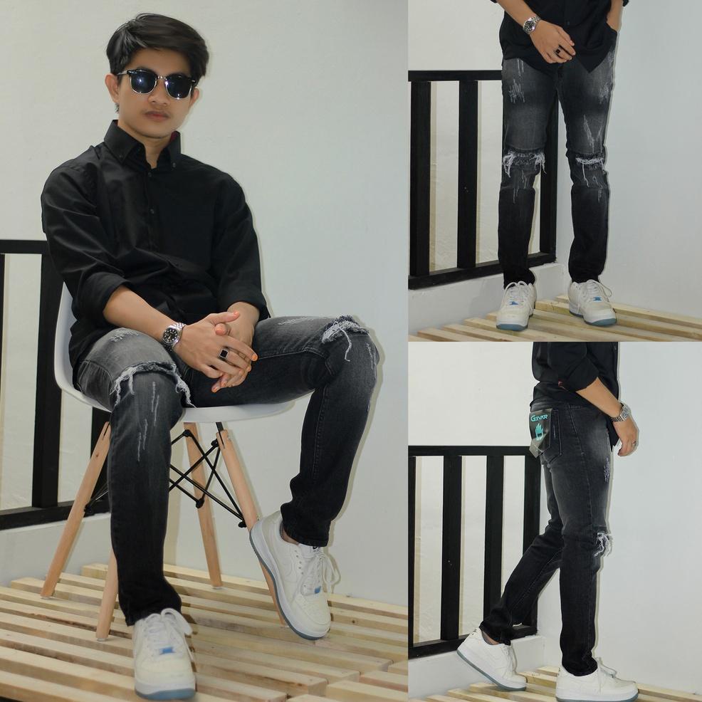 PALING LARIS GEVAR Celana Jeans Scrub Ripped Sobek Blackwash