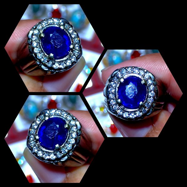 Cincin Batu Akik Mewah Natural Blue Safir Oval Cutting HQ FS03