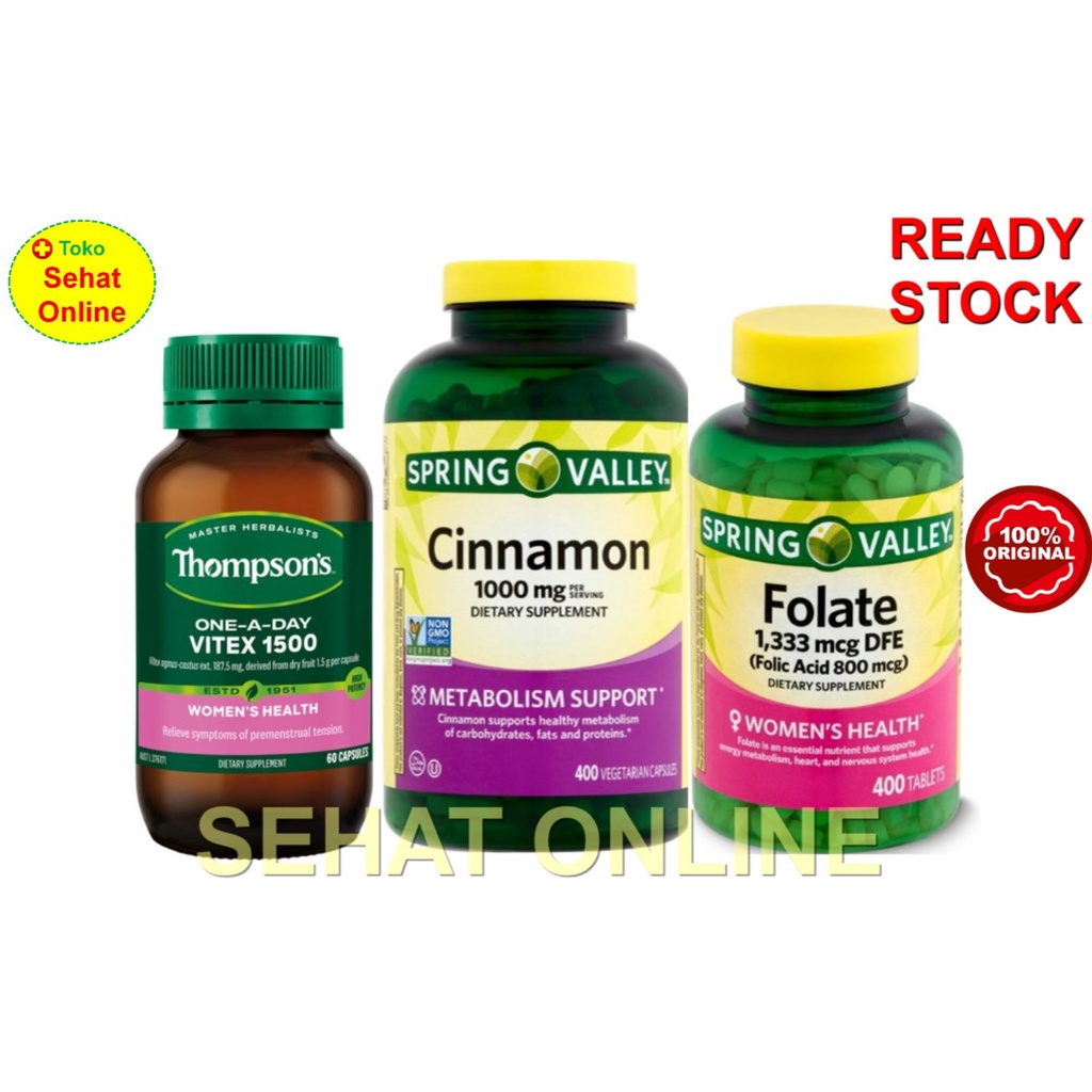 Paket Thompson Vitex + Spring Valley Cinnamon + Spring Valley Folate Folic Acid 800 mcg