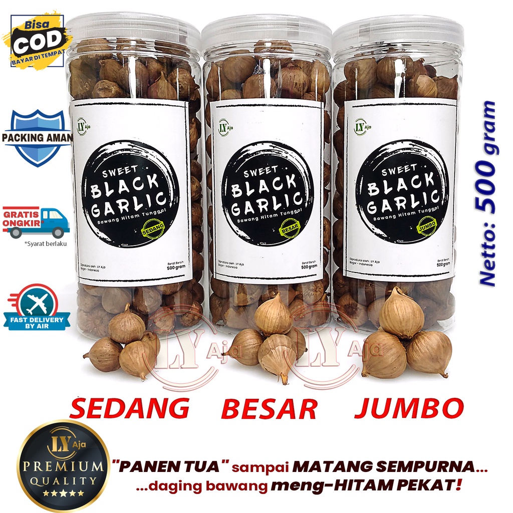 Bawang Hitam Tunggal Lanang 500 Gram Sweet Black Garlic LY Aja Size Kecil Sedang Besar Jumbo Super Premium 500 Gr