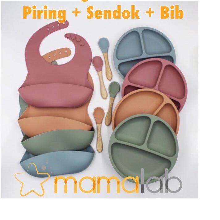 ✾ Piring Sillikon Bayi suction SET Bib dan piring ,sendok(BPAFREE /PIRING BAYI SET SILIKON ANTI TUMP