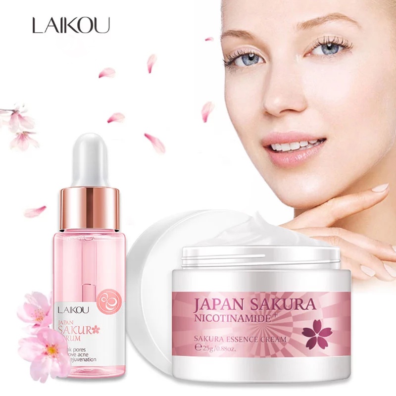 Laikou Sakura Serum dan Kolagen Krim Wajah Cherry Blossom Essence Pelembab Pemutih Mengecilkan Pori 
