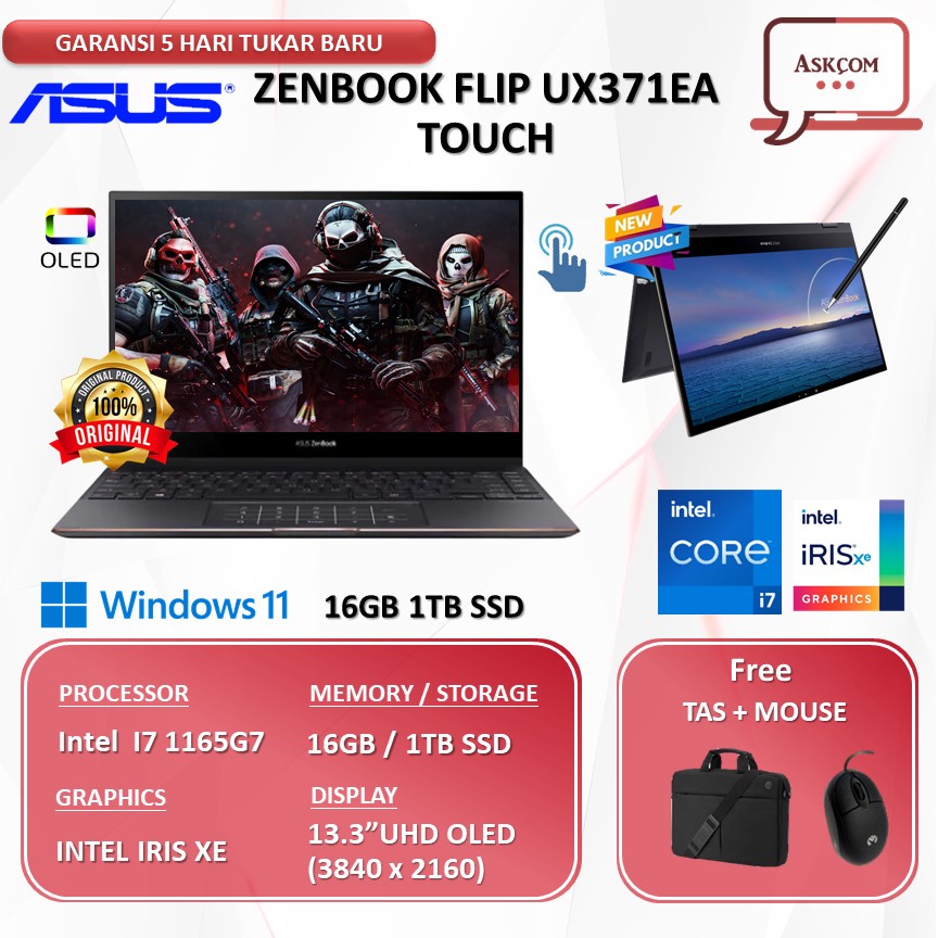 Laptop Asus Zenbook Flip S UX371EA OLED 4K UHD Touch  i7 1165G7 16GB 1TB SSD 13.3&quot;UHD W11