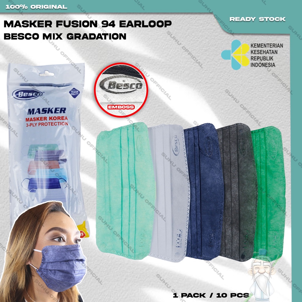 Masker Medis Korea 3Ply BESCO Isi 10Pcs Putih Hitam Abu Warna Earloop Surgical Mask Kemenkes