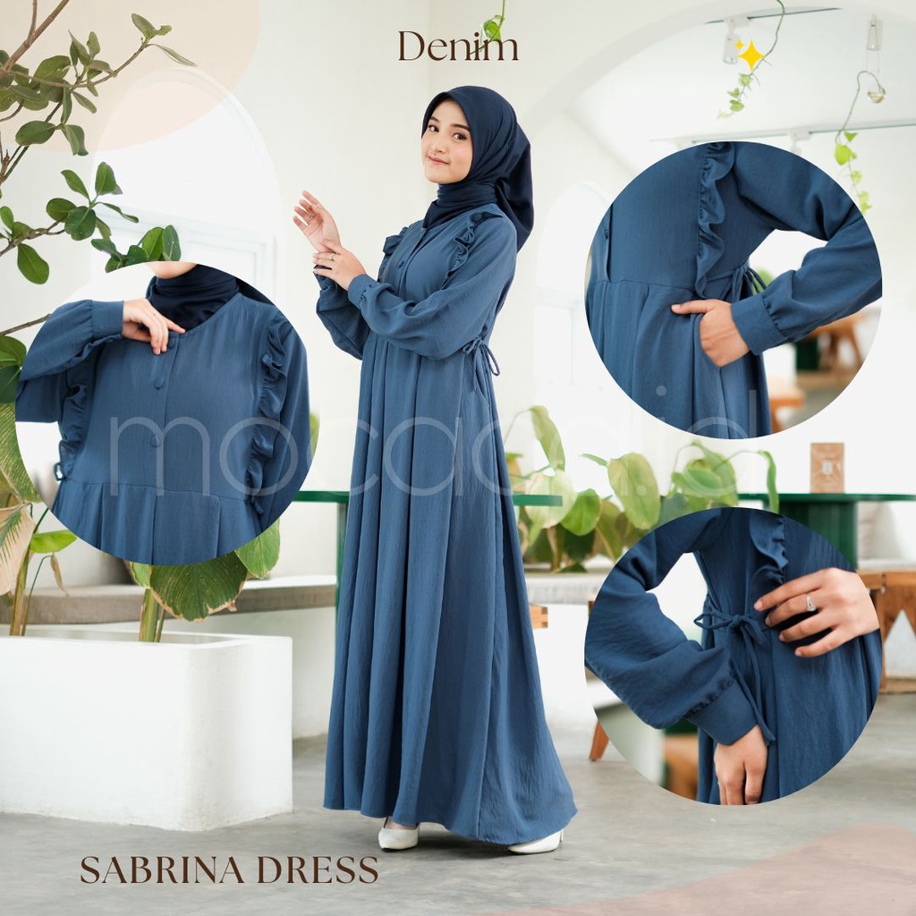 Gamis Lebaran Sabrina Crincle BIRU DONGKER BLUE DENIM Sleting busui aksen remple dada dan tali samping simple elegan adem tidak nerawang