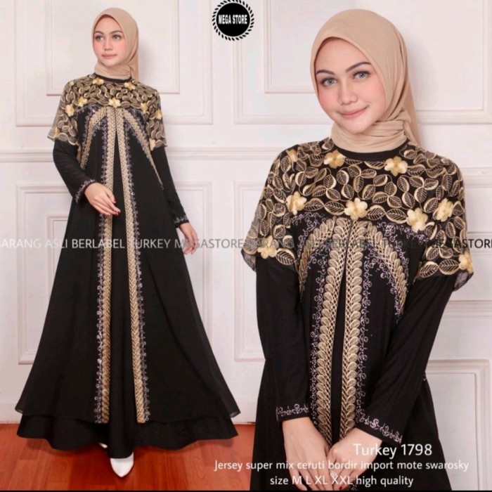 Gamis Gamis Abaya Turkey #1798 Jersy mix Ceruty Import Premium Terbaru - Hitam, M(N4A7) Gamis Turkey