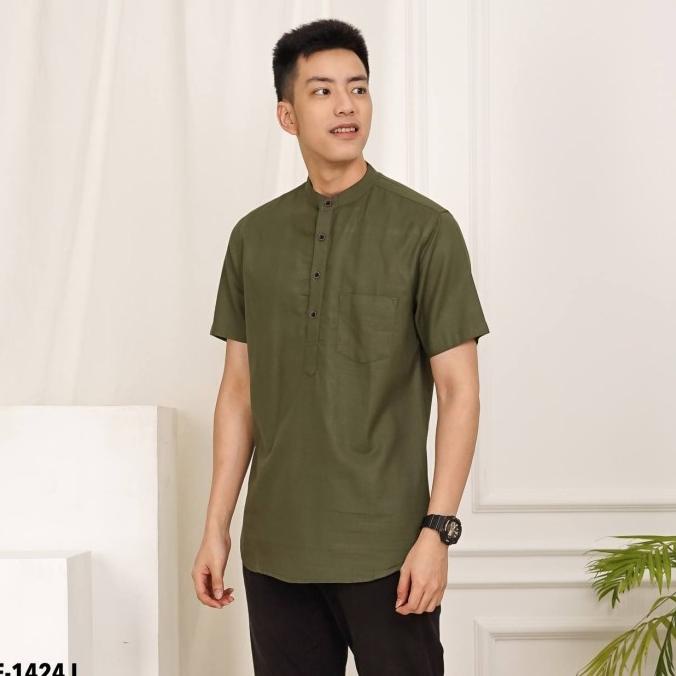 TERLARIS Baju Kemeja Koko Shanghai Pria Warna Hijau Army Polos Lengan Pendek /BAJU KOKO PRIA/BAJU KO