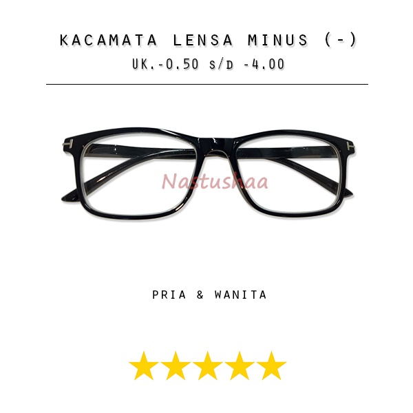 Kacamata Lensa Minus Tersedia Ukuran -0.50 Sampai -4.00 Bingkai Persegi Panjang Warna Hitam Gagang Per Untuk Wanita dan Pria NOCASE