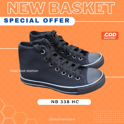 Sepatu Sekolah Anak Laki Laki NEW BASKET NB 338 HC Hitam Full Black Boot Kasual Tali Tinggi Casual S