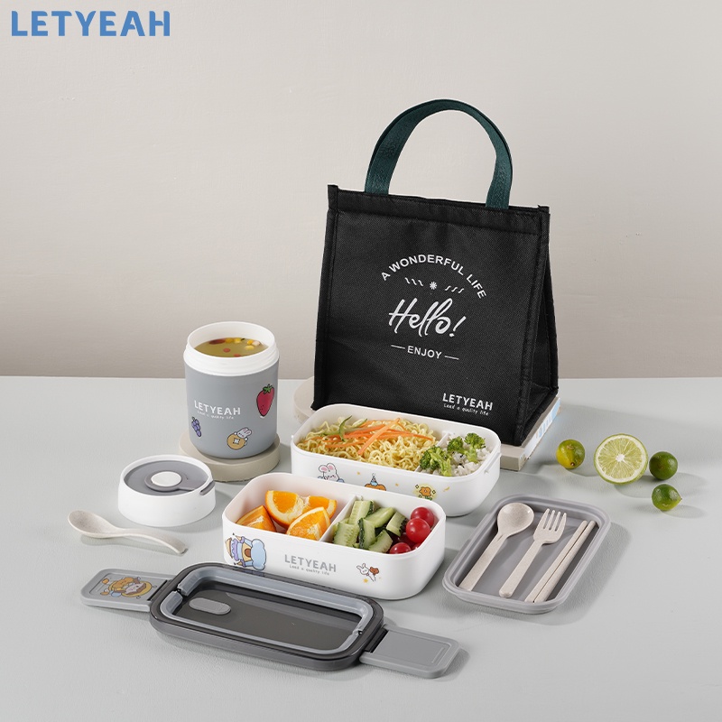 letyeah Lunch box 2 susun dengan DIY stiker/ Kotak makan 1600ml dan mangkuk sup 500ml set Portable