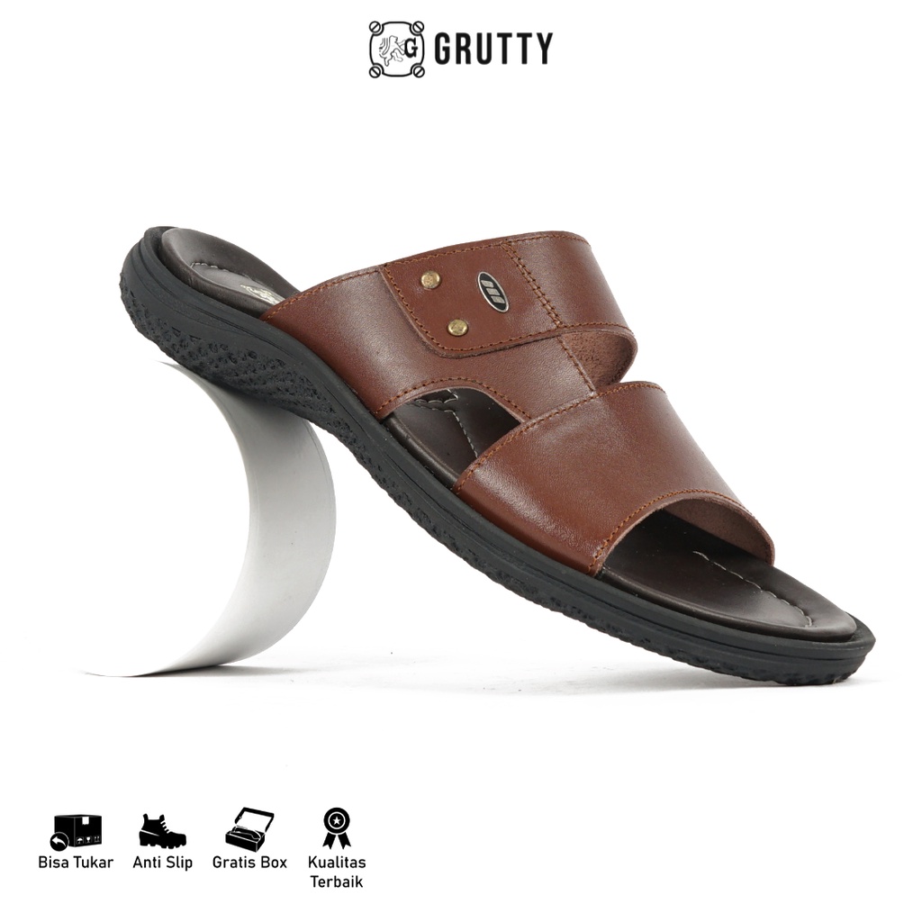 GRUTTY Sandal Pria Sendal Slide Kulit Asli Coklat 232