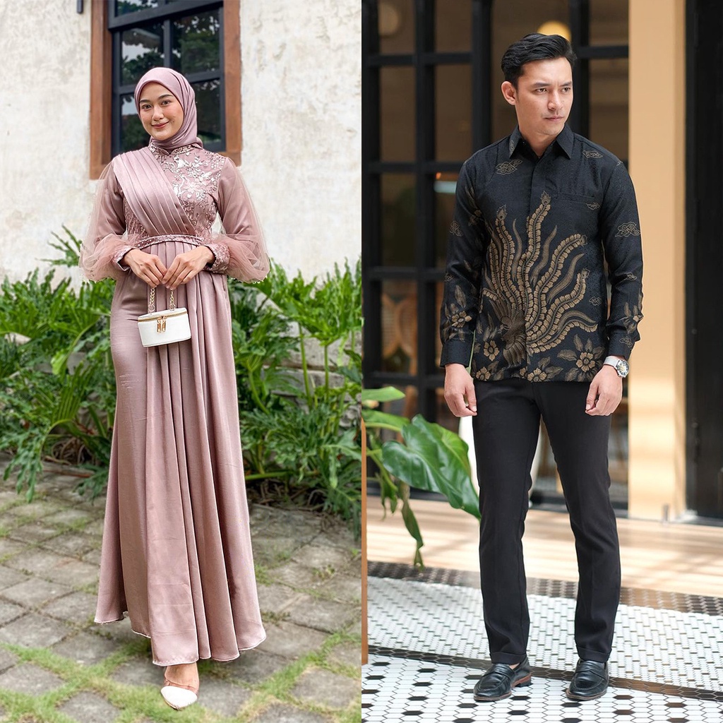 COUPLE MELODY SPESIAL LEBARAN NUDE SERIES - Baju Couple Gamis Batik Modern - Gamis Wanita Brukat Tile Payet Mix Velvet - Gamis Lamaran Kondangan Pesta Terlaris - Couple Batik Tunangan Terbaru