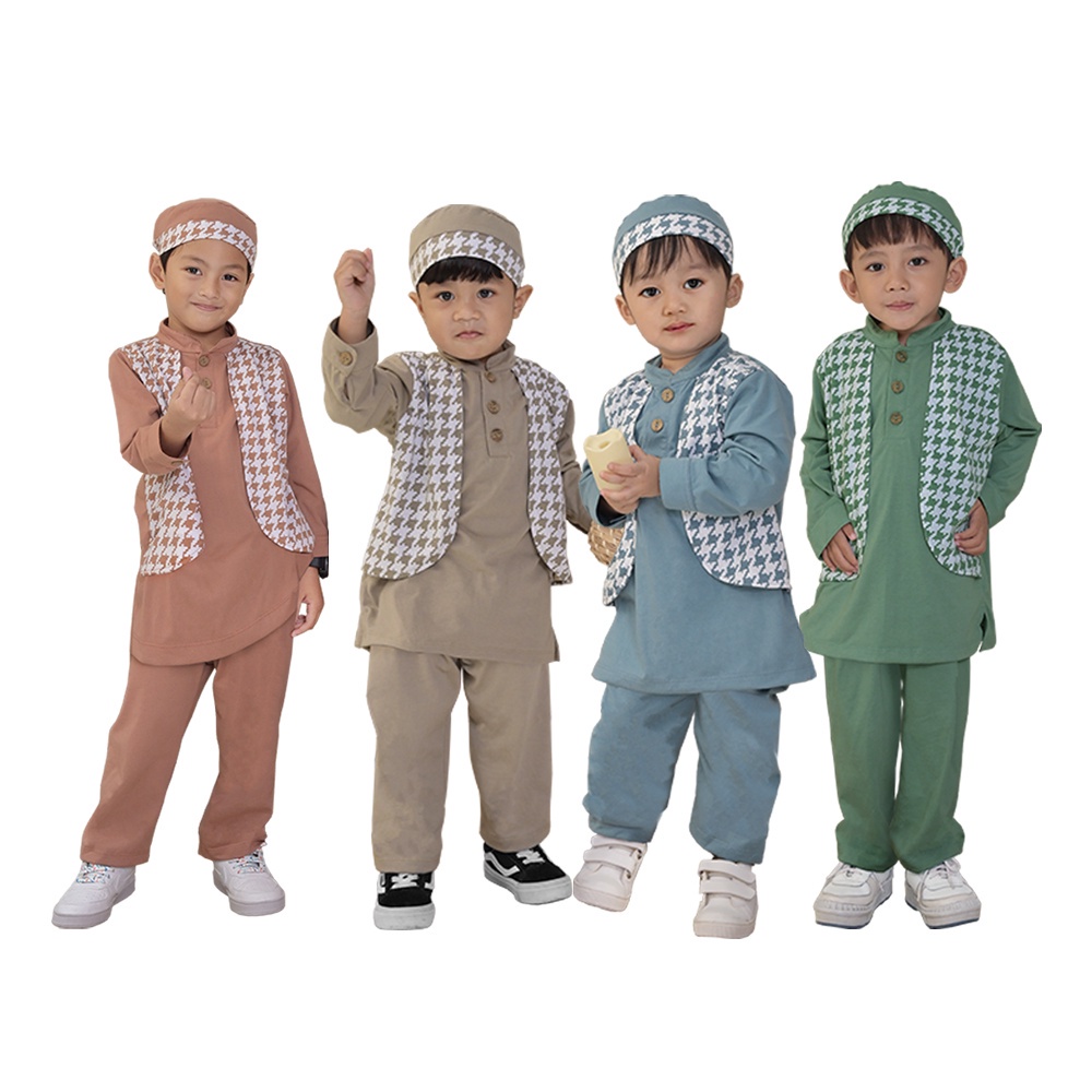 Baju Koko Muslim Anak Laki Laki Setelan Cowok Dialogue Baby Koko Peci Vest Set Rayyanda 1-3 Tahun