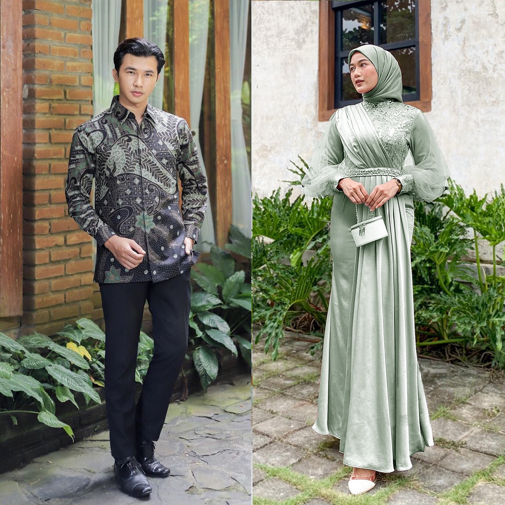 [SPESIAL LEBARAN] GAMIS MODERN MELODY SAGE SERIES - Couple Maxi Dress Brukat Mutiara Payet dan Kemeja Lengan Panjang M L XL - Couple Terbaru Lamaran Kondangan Wisuda Lebaran Syari - Ready Banyak Motif Batik - Dress Couple Kekinian dan Terupdate