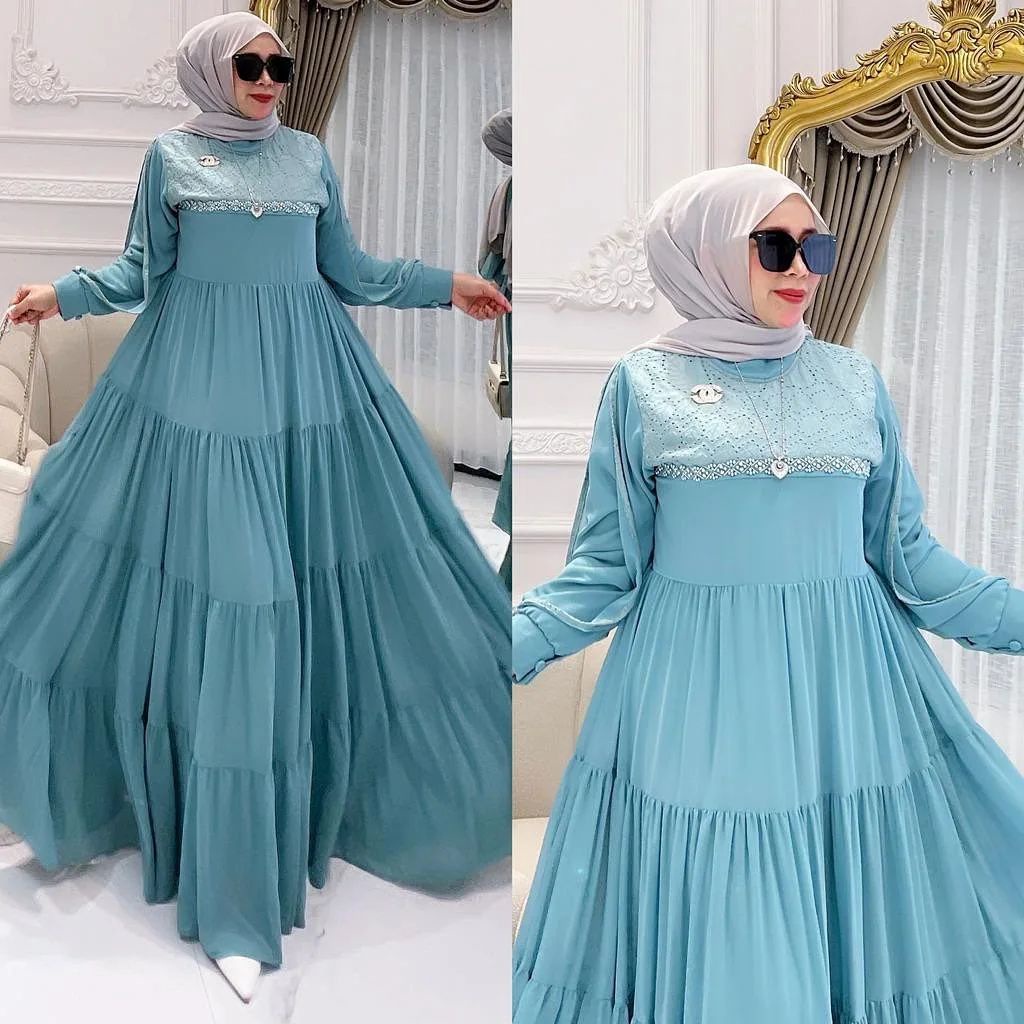 Eliana dress gamis brukat aplikasi mutiara gaun kondangan mewah terbaru Bahan ceruty Gamis remaja kekinian