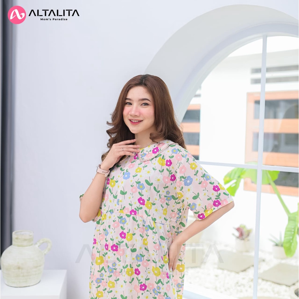 Altalita - Daster Kerah Renda Cantik Wanita Busui Lengan Pendek Bahan Rayon Premium Panjang Semata Kaki Remaja Motif Kekinian Jumbo LD 120