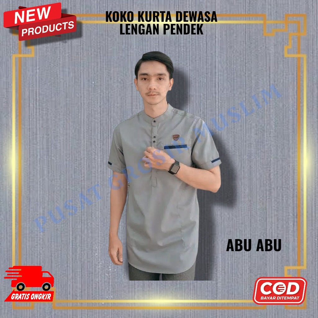 Baju Koko Kurta Pria Dewasa Koko Kurta Kain Katun Lengan Pendek Warna Abu Abu