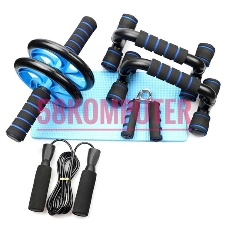 Alat Gym Fitness Roller Push Up Bar Hand Grip 5 in 1 Ab Wheel Roller Double / Roda Push Up Exerciser Roll Alat Fitness Workout Olahraga Gym Training Pembakar Lemak Pembentuk Otot Bar Jump Rope Hand Gripper