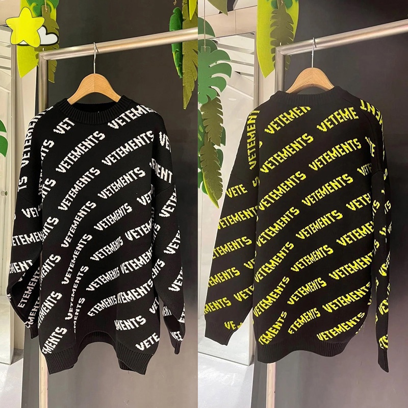 Baru Biru Merah Muda Hitam Kaos Oblong Kaus Pria Wanita 1:1 Allover Logo VETEMENTS Rajutan Sweter Lo