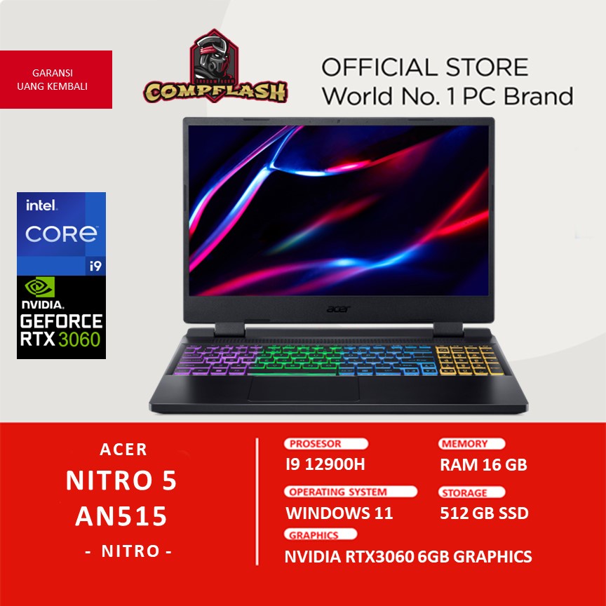 LAPTOP ACER NITRO 5 AN515 RTX3060 6GB I9 12900H RAM 16GB 512SSD FHD 165HZ 100SRGB TGP140 4RGB