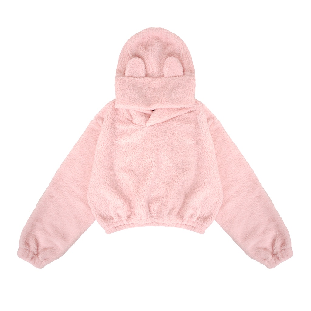 Jaket Sherpa Crop Hoodie Bulu Wanita / Hoodie Bulu Kuping Beruang Bear Angsa Size M L XL