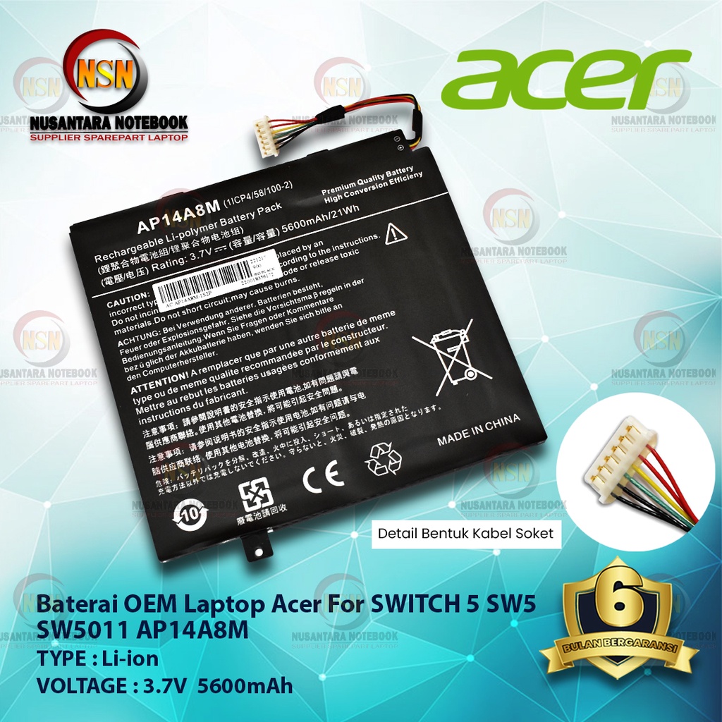 Baterai OEM Laptop Acer SWITCH 5 SW5 SW5011 AP14A8M 3.7V 5600mAh