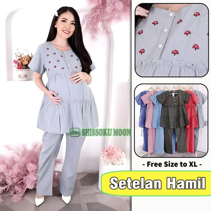 Setelan Baju & Celana Hamil Untuk Ibu Hamil & Menyusui - Mushroom