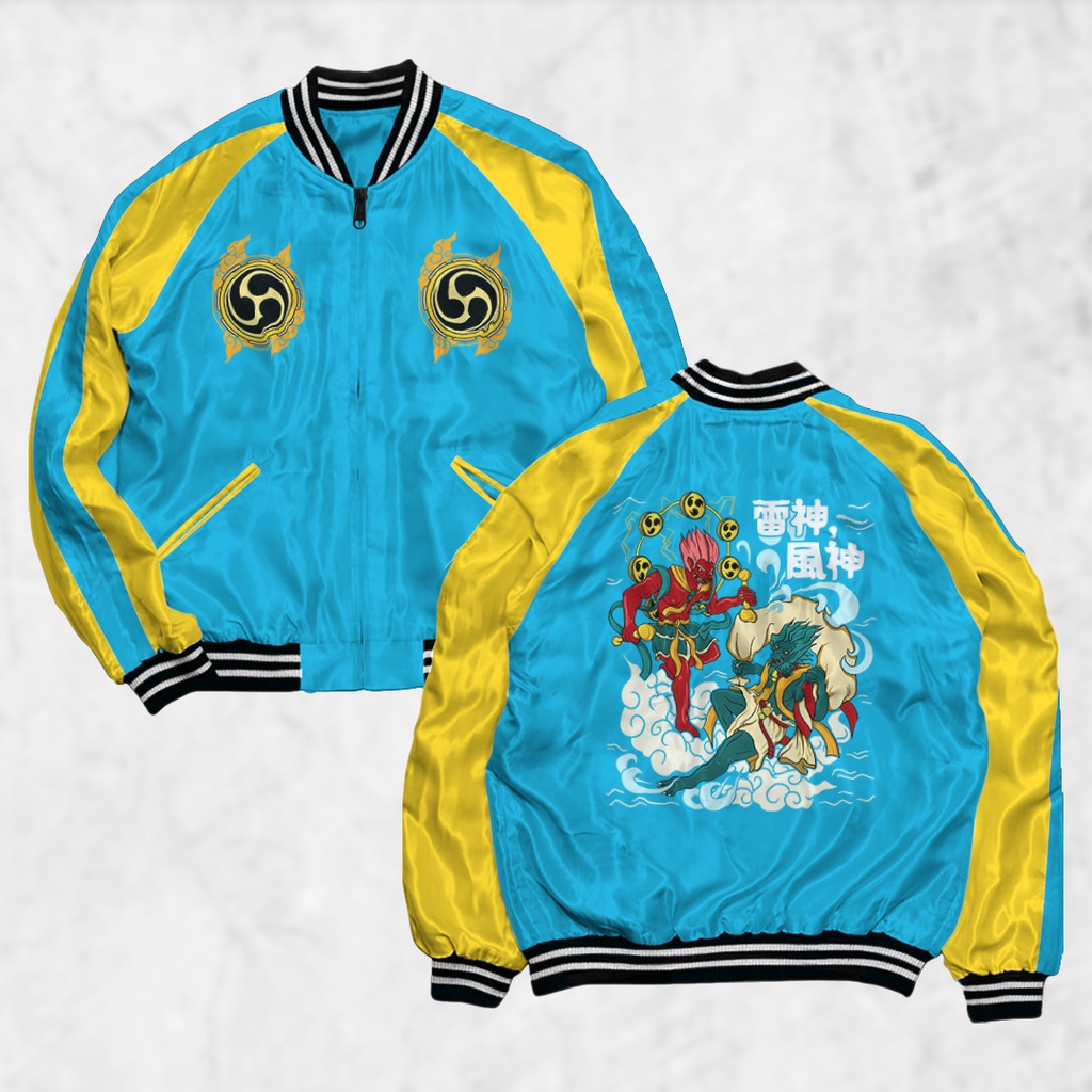 PIYAMAKUMU Jaket Sukajan RAIJIN Pria Wanita Distro Unisex Japan Premium Original BIRU KUNING